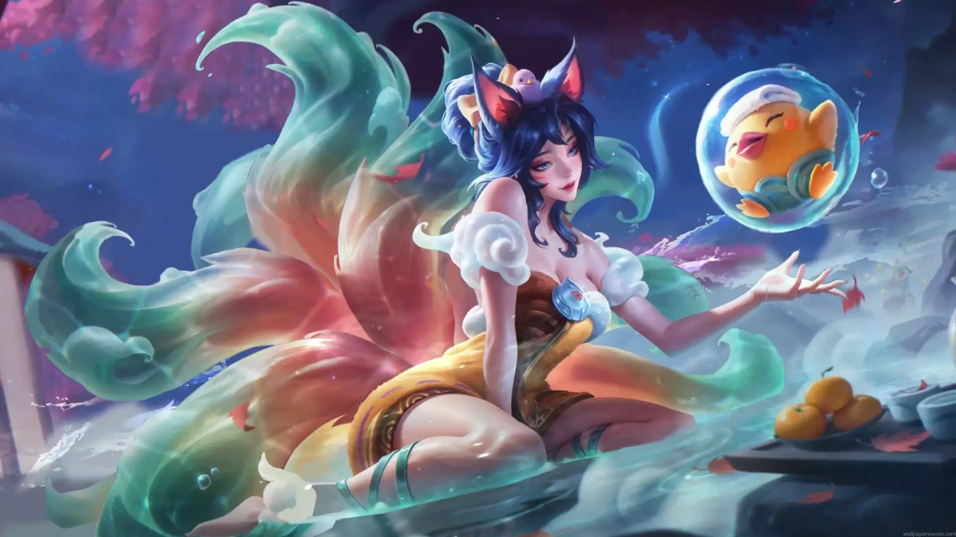 Spirit Blossom Ahri surrounded by flowing magical tails and a floating spirit companion in League of Legends live wallpaper.