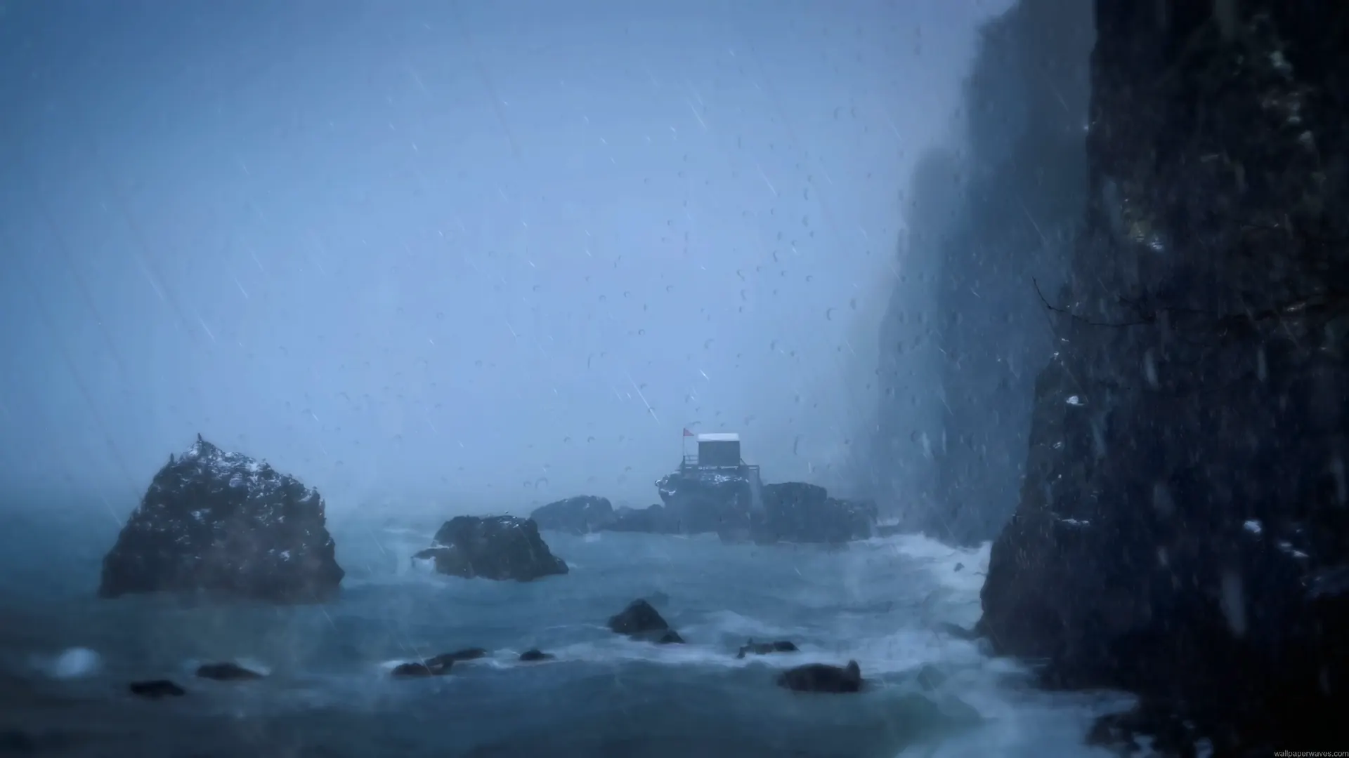 Stormy coastal cliffs with crashing waves, heavy rain, and a lone cabin overlooking the ocean live wallpaper.