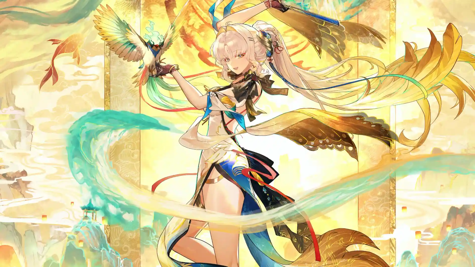 Suisui from Wuthering Waves surrounded by golden light and a celestial bird in an elegant fantasy live wallpaper.