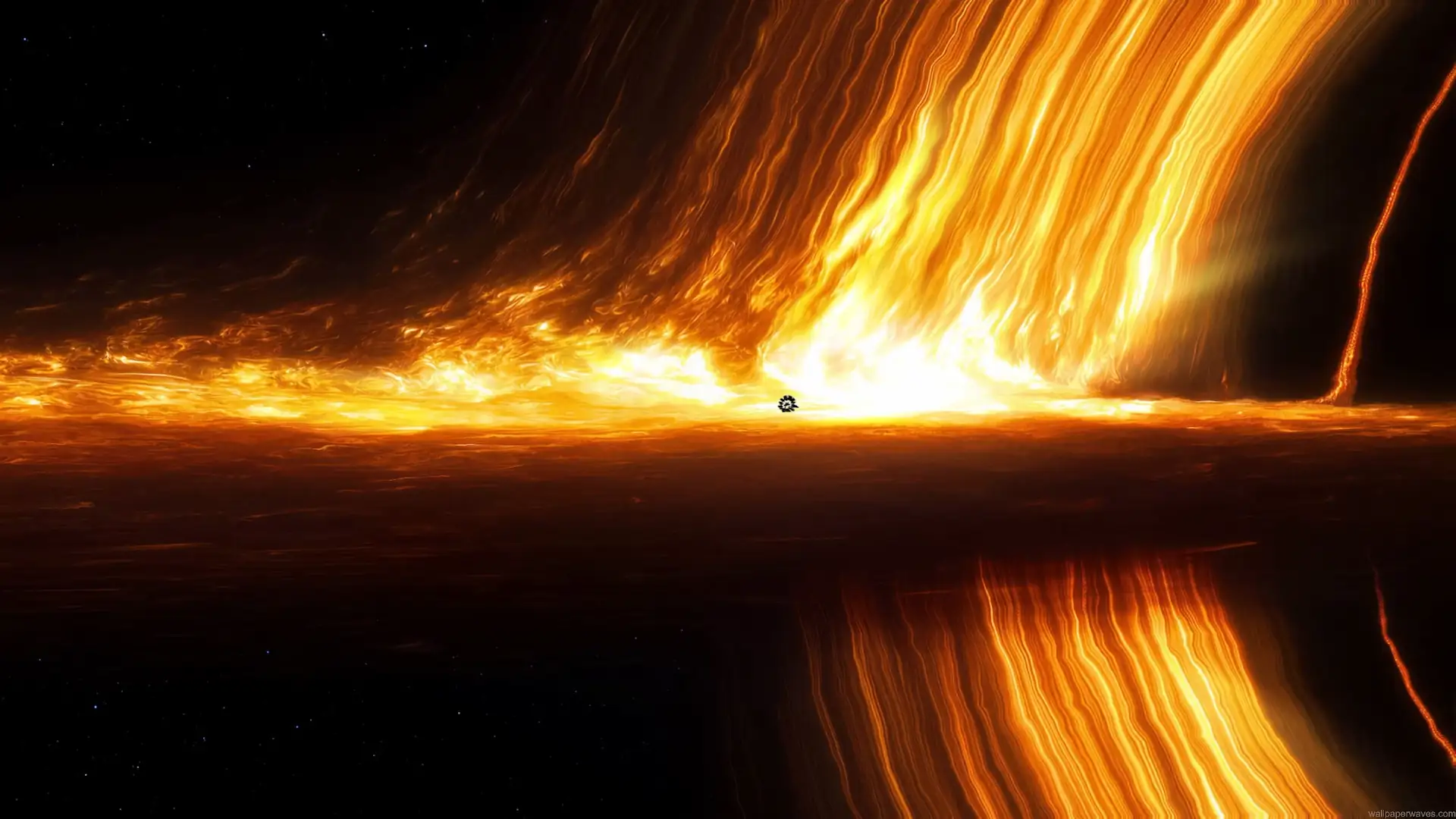 Supermassive black hole with a glowing golden accretion disk and blazing plasma streams in deep space live wallpaper.
