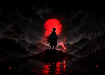 Tanjiro Kamado Red Moon Live Wallpaper 2 Tanjiro Kamado standing beneath a glowing red moon with his Nichirin sword illuminating a dark anime landscape live wallpaper.