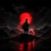 Tanjiro Kamado Red Moon Live Wallpaper 10 Tanjiro Kamado standing beneath a glowing red moon with his Nichirin sword illuminating a dark anime landscape live wallpaper.