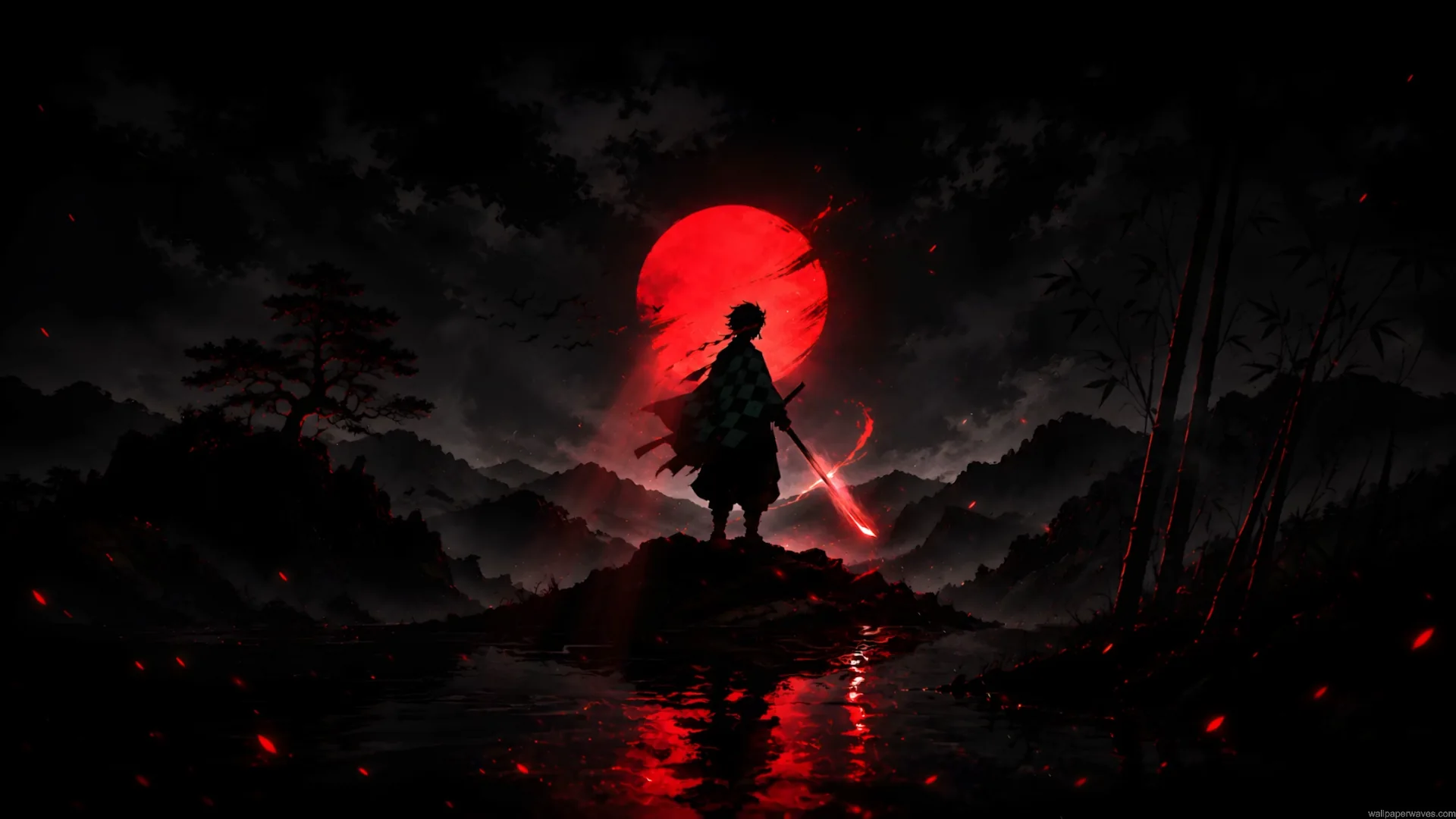 Tanjiro Kamado standing beneath a glowing red moon with his Nichirin sword illuminating a dark anime landscape live wallpaper.