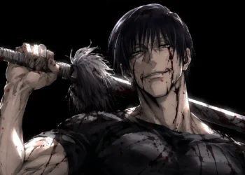 Toji Fushiguro Dark Aura Live Wallpaper 1 Toji Fushiguro holding a blood-stained cursed weapon over his shoulder with a dark intimidating aura in a Jujutsu Kaisen live wallpaper.