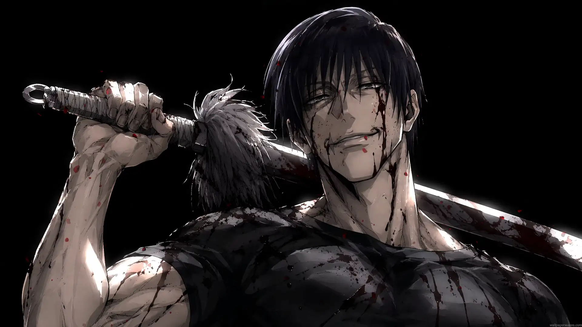 Toji Fushiguro holding a blood-stained cursed weapon over his shoulder with a dark intimidating aura in a Jujutsu Kaisen live wallpaper.