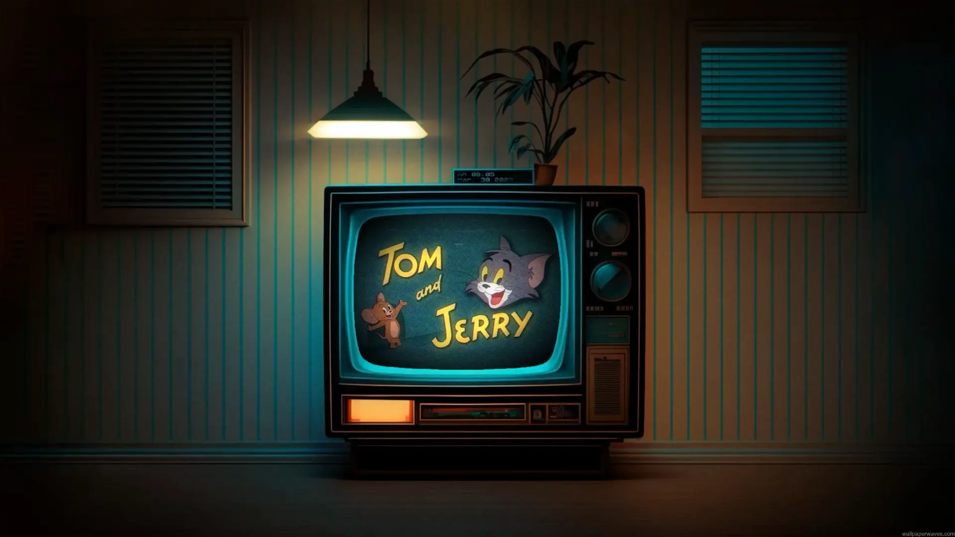 Vintage CRT television displaying Tom and Jerry in a cozy retro room with warm lighting and nostalgic atmosphere live wallpaper.
