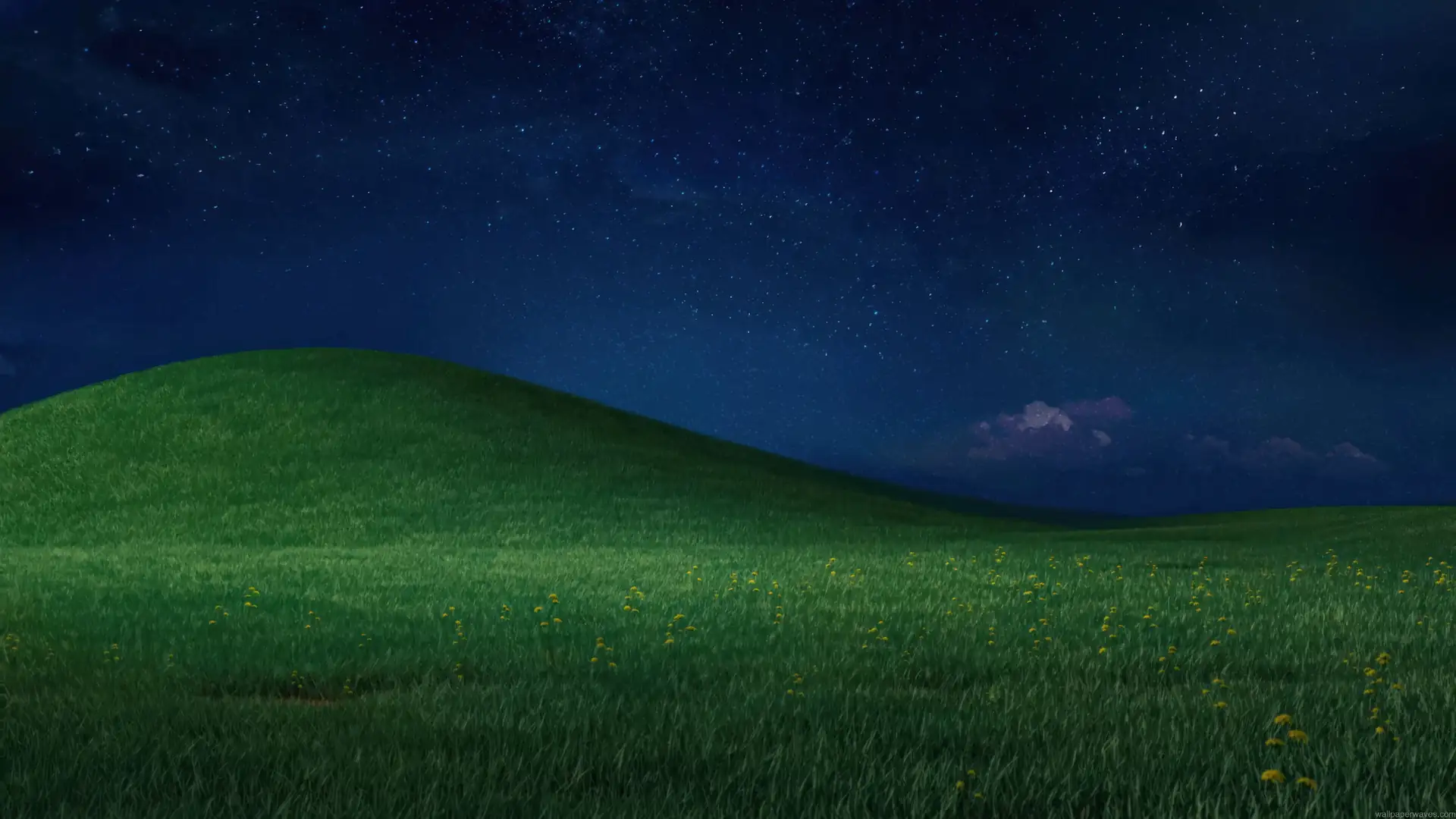 Windows XP Bliss hill under a star-filled night sky with peaceful green fields and nostalgic scenery live wallpaper.