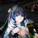 Yangyang smiling peacefully beneath cherry blossoms with flowing blue hair in Wuthering Waves live wallpaper.