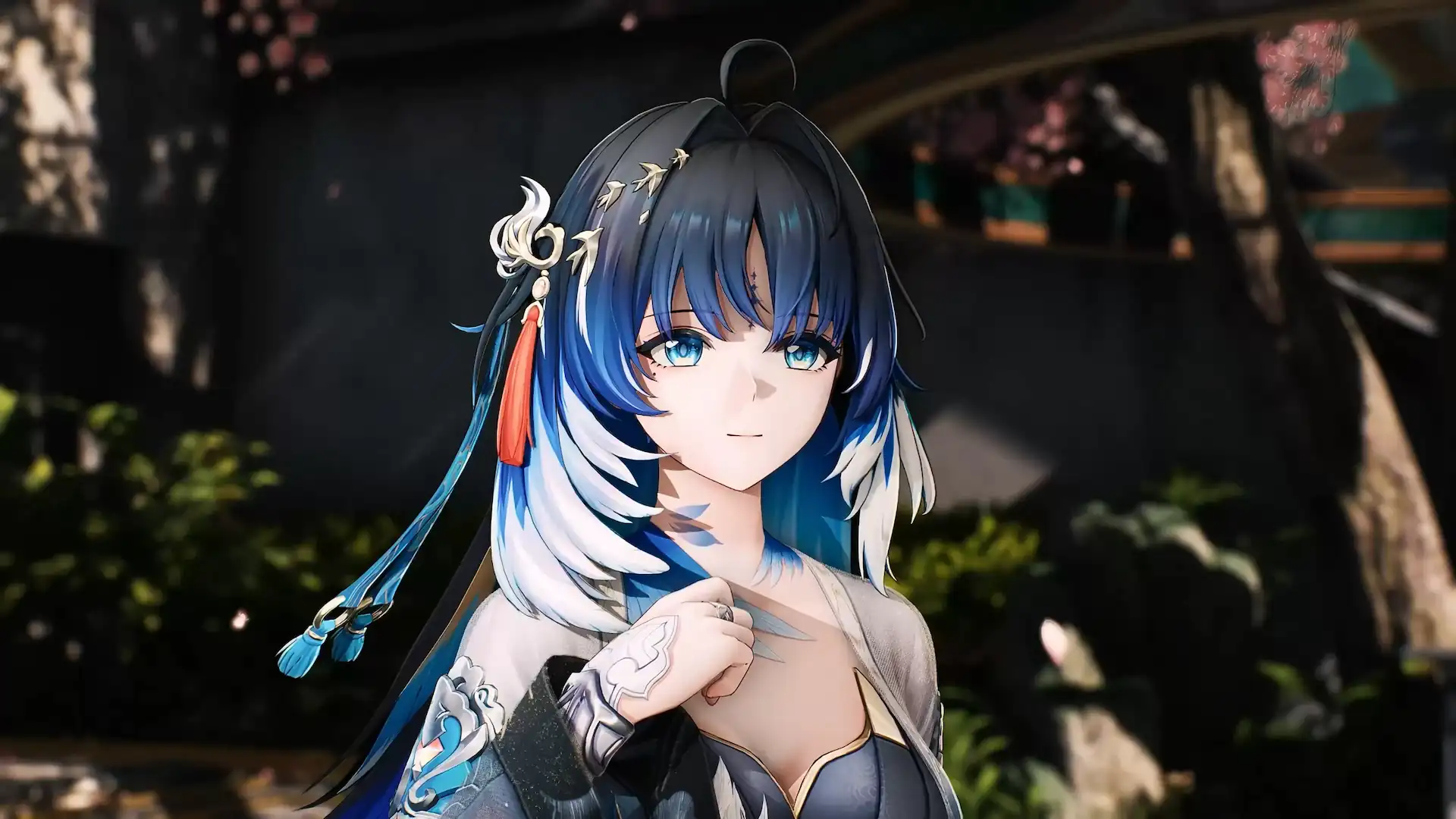 Yangyang smiling peacefully beneath cherry blossoms with flowing blue hair in Wuthering Waves live wallpaper.