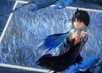 Yangyang Wuthering Waves Live Wallpaper 3 Yangyang relaxing among blue flowers beneath pine branches in Wuthering Waves live wallpaper.