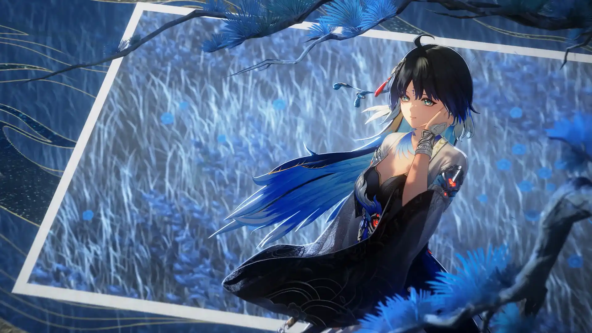 Yangyang relaxing among blue flowers beneath pine branches in Wuthering Waves live wallpaper.