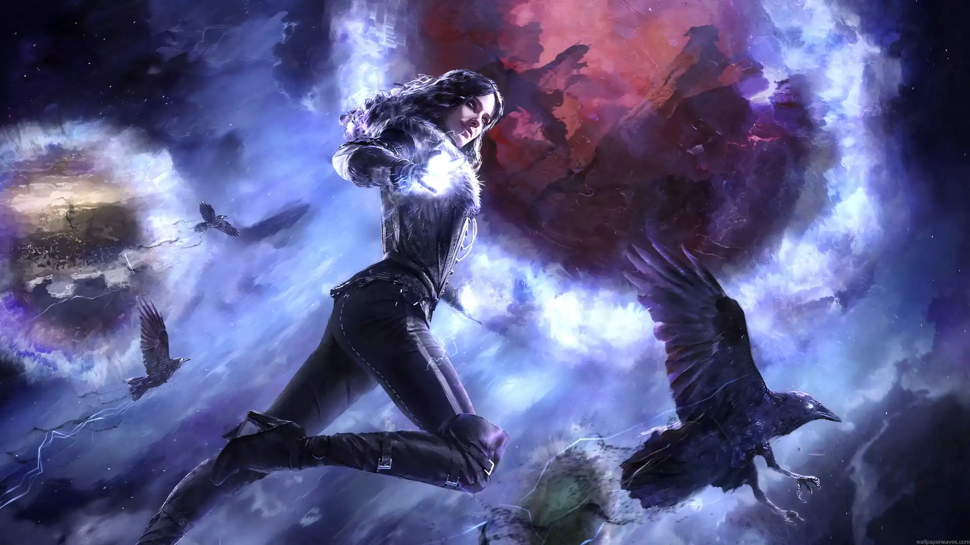 Yennefer of Vengerberg casting powerful violet magic as ravens fly around a mystical portal in The Witcher Live Wallpaper.