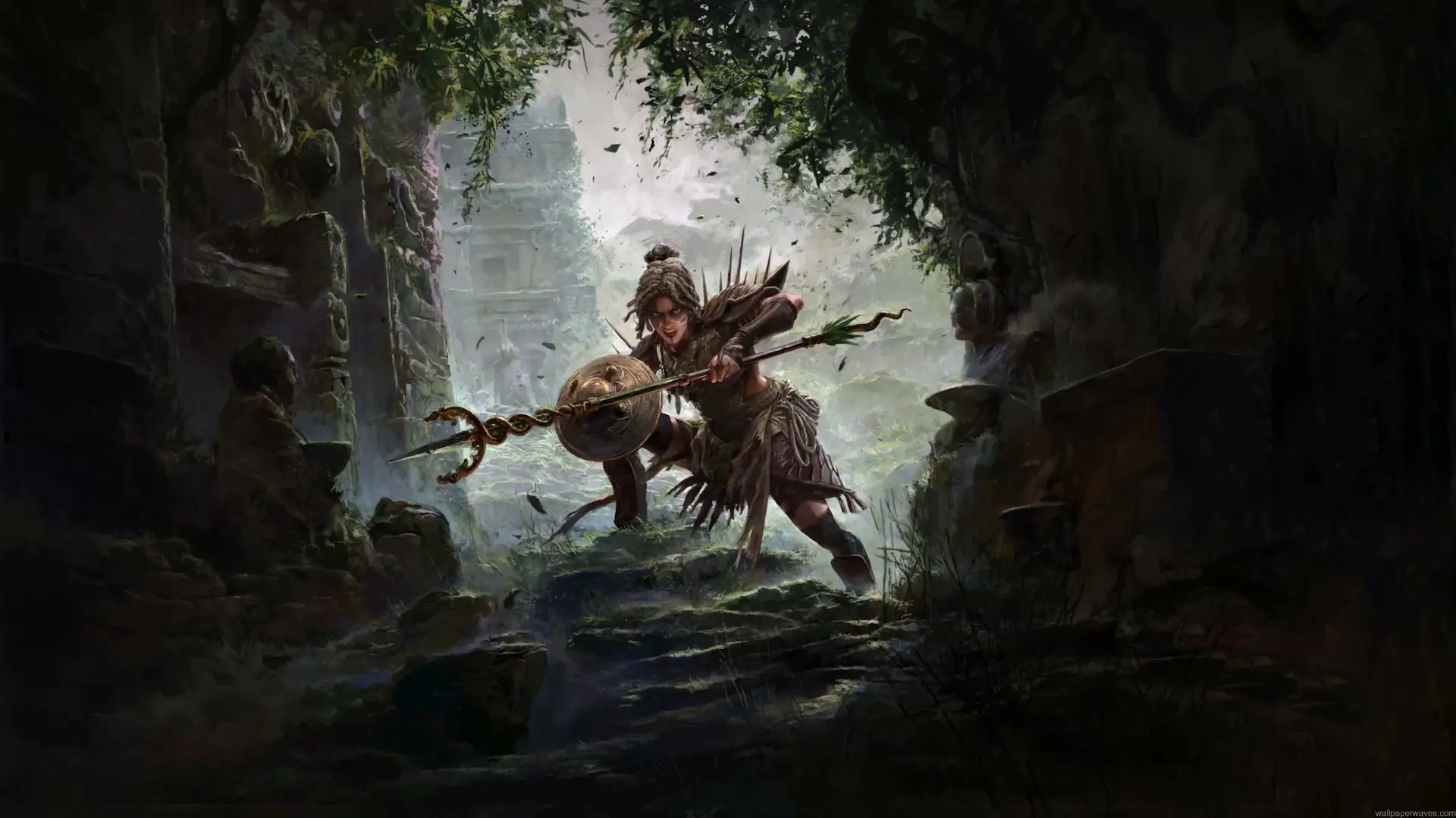 Amazon warrior wielding a spear and shield inside ancient jungle ruins from Path of Exile 2 live wallpaper.