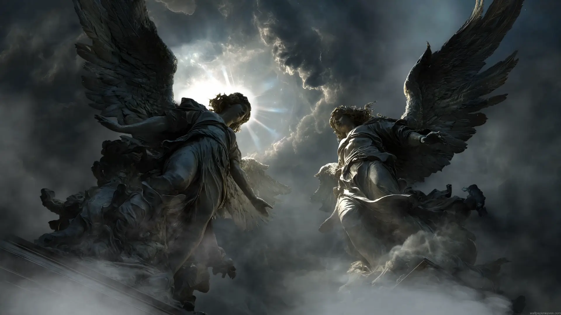 Angels beneath divine light surrounded by dark storm clouds and heavenly mist live wallpaper.