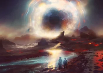 Two astronauts facing a giant glowing black hole on an alien planet live wallpaper