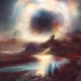 Two astronauts facing a giant glowing black hole on an alien planet live wallpaper