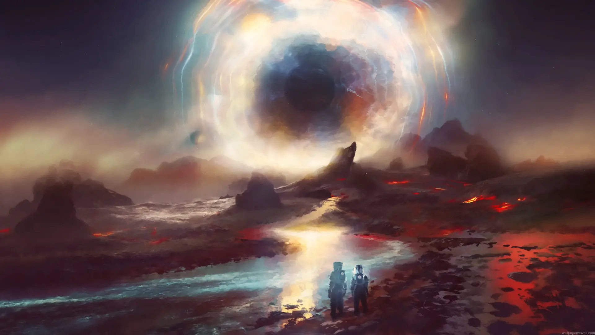 Two astronauts facing a giant glowing black hole on an alien planet live wallpaper