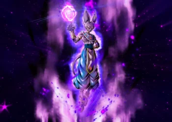Beerus God of Destruction from Dragon Ball surrounded by a powerful glowing purple aura live wallpaper