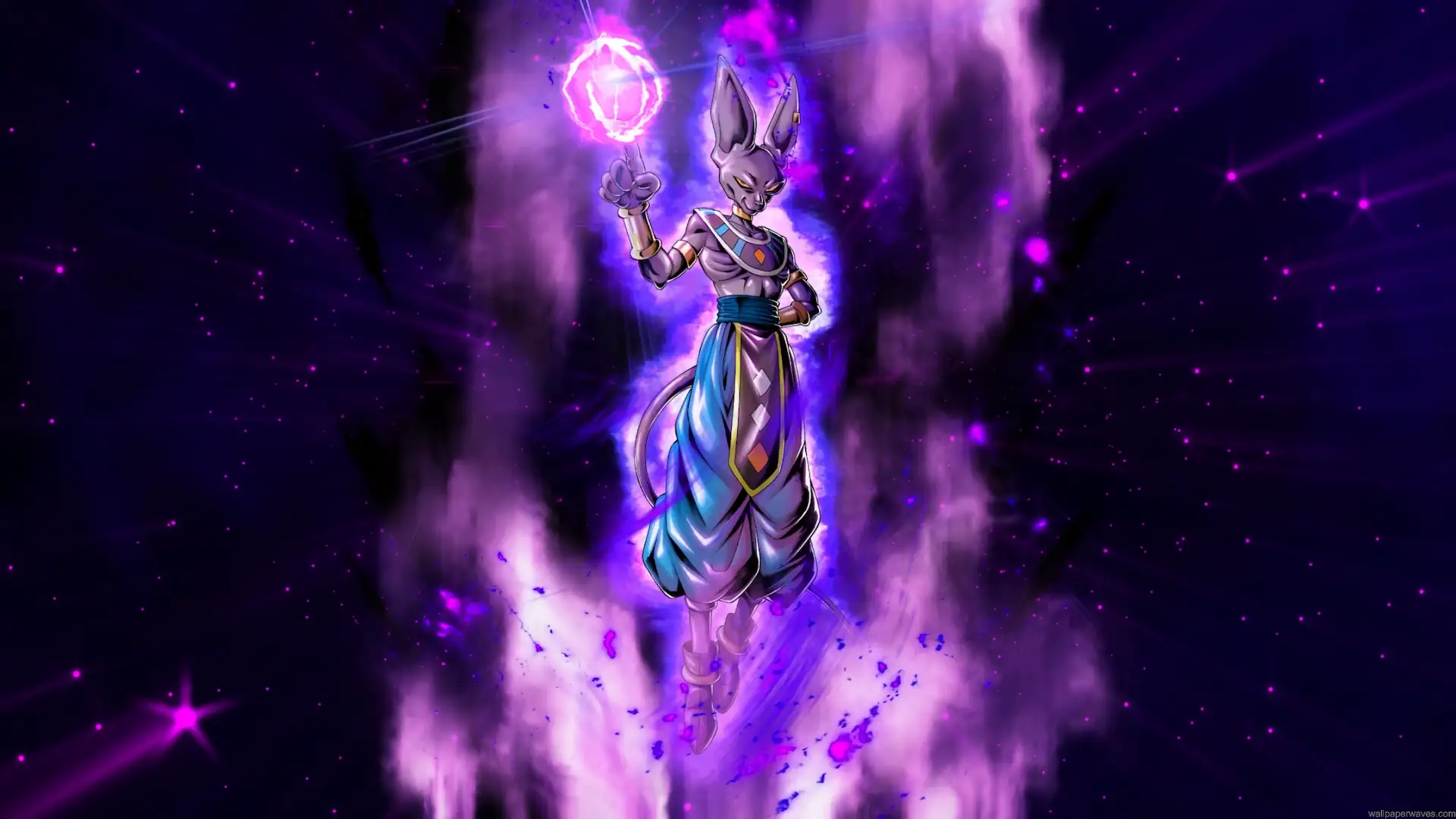 Beerus God of Destruction from Dragon Ball surrounded by a powerful glowing purple aura live wallpaper