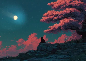 Black Cat Watching Full Moon Live Wallpaper 3 Black cat watching a glowing full moon beneath pink trees and a starry night sky live wallpaper.