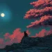 Black Cat Watching Full Moon Live Wallpaper 10 Black cat watching a glowing full moon beneath pink trees and a starry night sky live wallpaper.