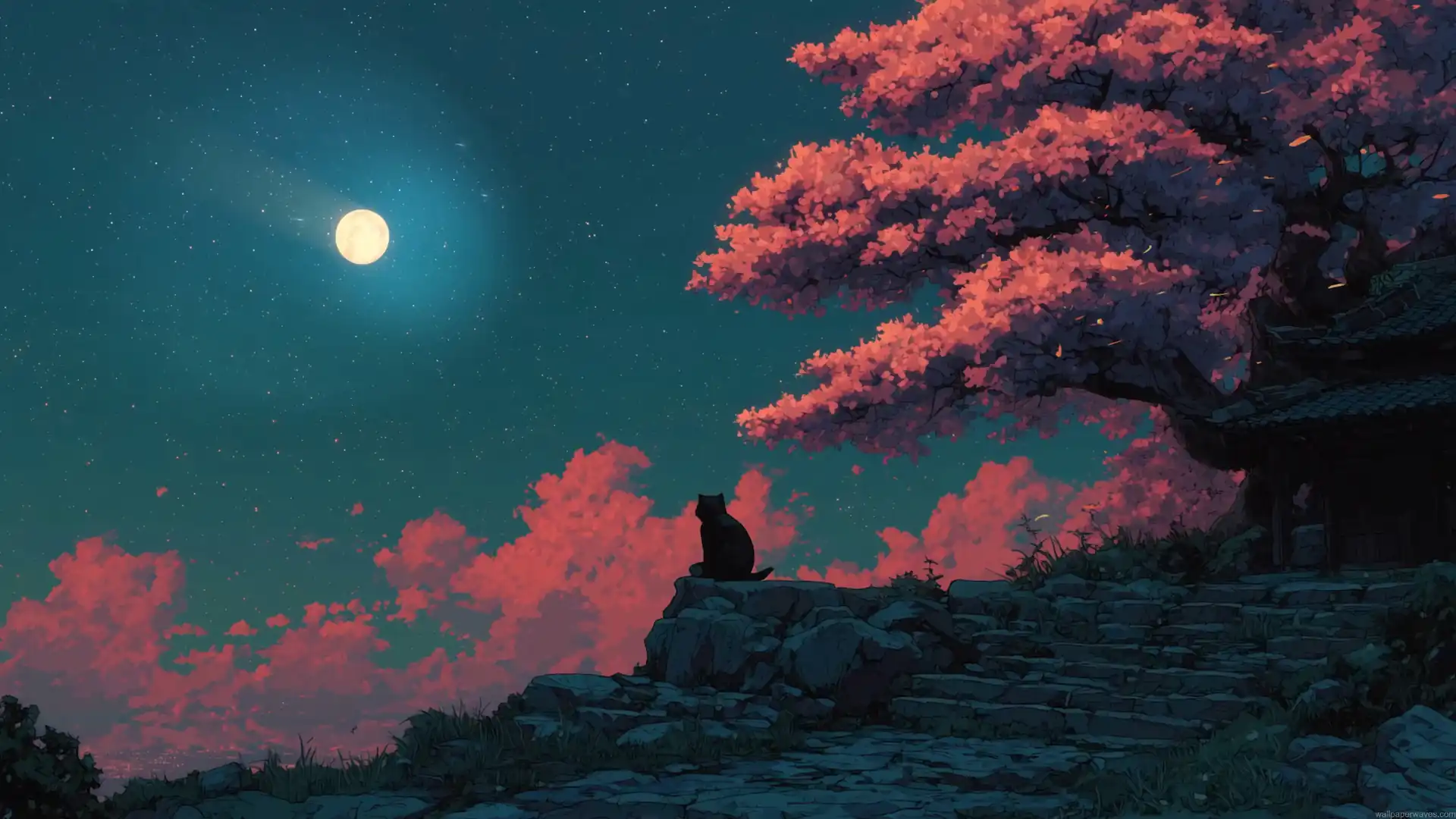Black cat watching a glowing full moon beneath pink trees and a starry night sky live wallpaper.