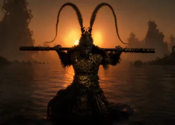 Black Myth Wukong Monkey King Live Wallpaper 2 Black Myth Wukong Monkey King holding his staff in ornate dark armor against a glowing golden sunset live wallpaper.