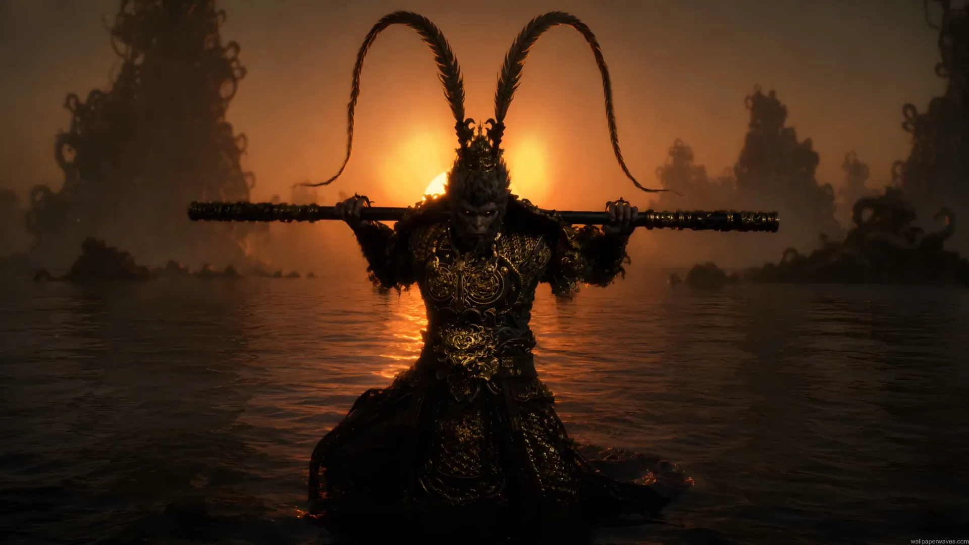 Black Myth Wukong Monkey King holding his staff in ornate dark armor against a glowing golden sunset live wallpaper.