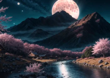 Cherry blossom trees surrounding a peaceful mountain village and river beneath a giant pink full moon live wallpaper