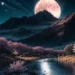 Cherry blossom trees surrounding a peaceful mountain village and river beneath a giant pink full moon live wallpaper