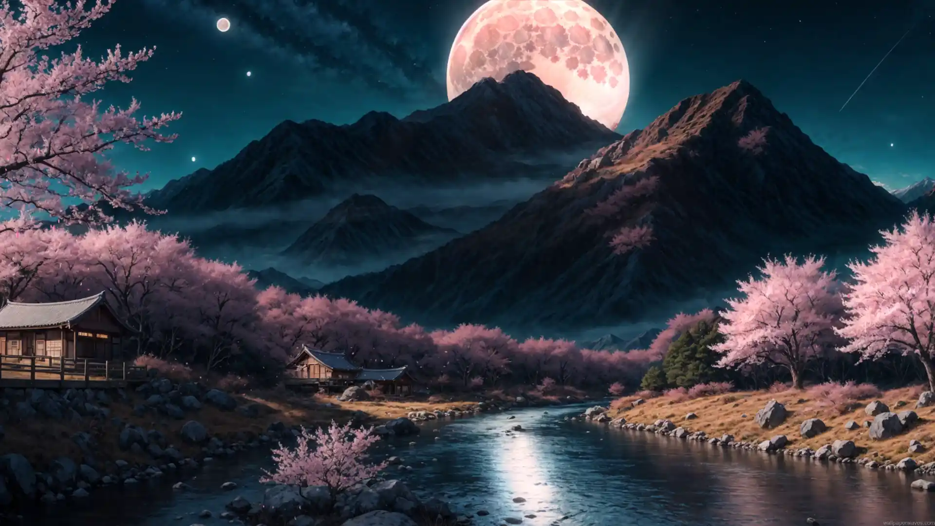 Cherry blossom trees surrounding a peaceful mountain village and river beneath a giant pink full moon live wallpaper