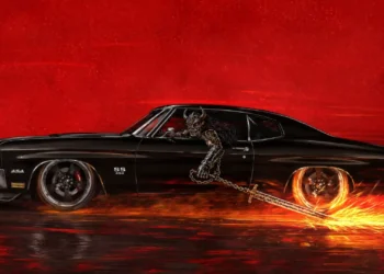 Chevy Chevelle SS 454 Demon Driver Live Wallpaper 2 Black Chevy Chevelle SS 454 driven by a horned demon with fiery wheels and a sword creating sparks wallpaper.