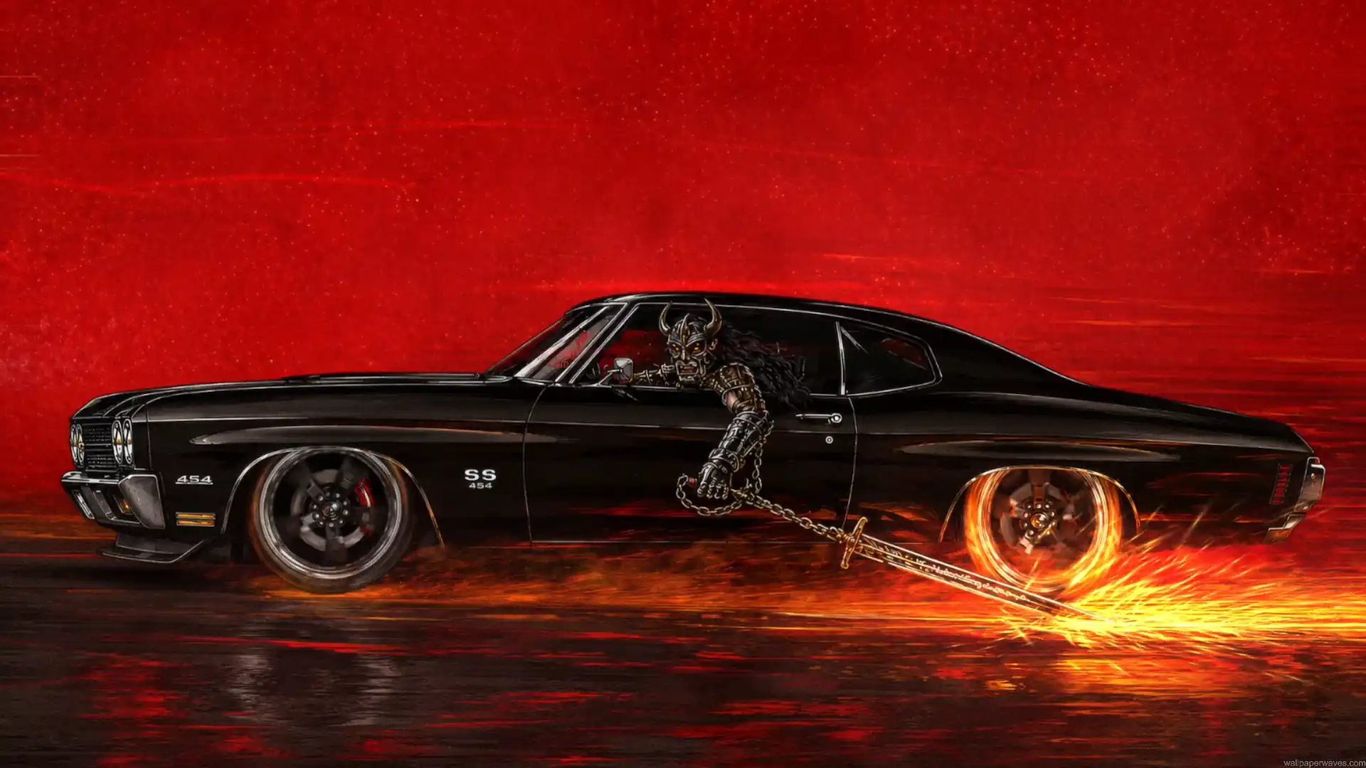 Black Chevy Chevelle SS 454 driven by a horned demon with fiery wheels and a sword creating sparks wallpaper.