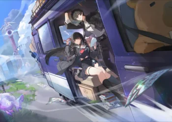 Chisa and Male Rover Flying Van Live Wallpaper 4 Chisa and Male Rover from Wuthering Waves riding together in a futuristic flying van live wallpaper.