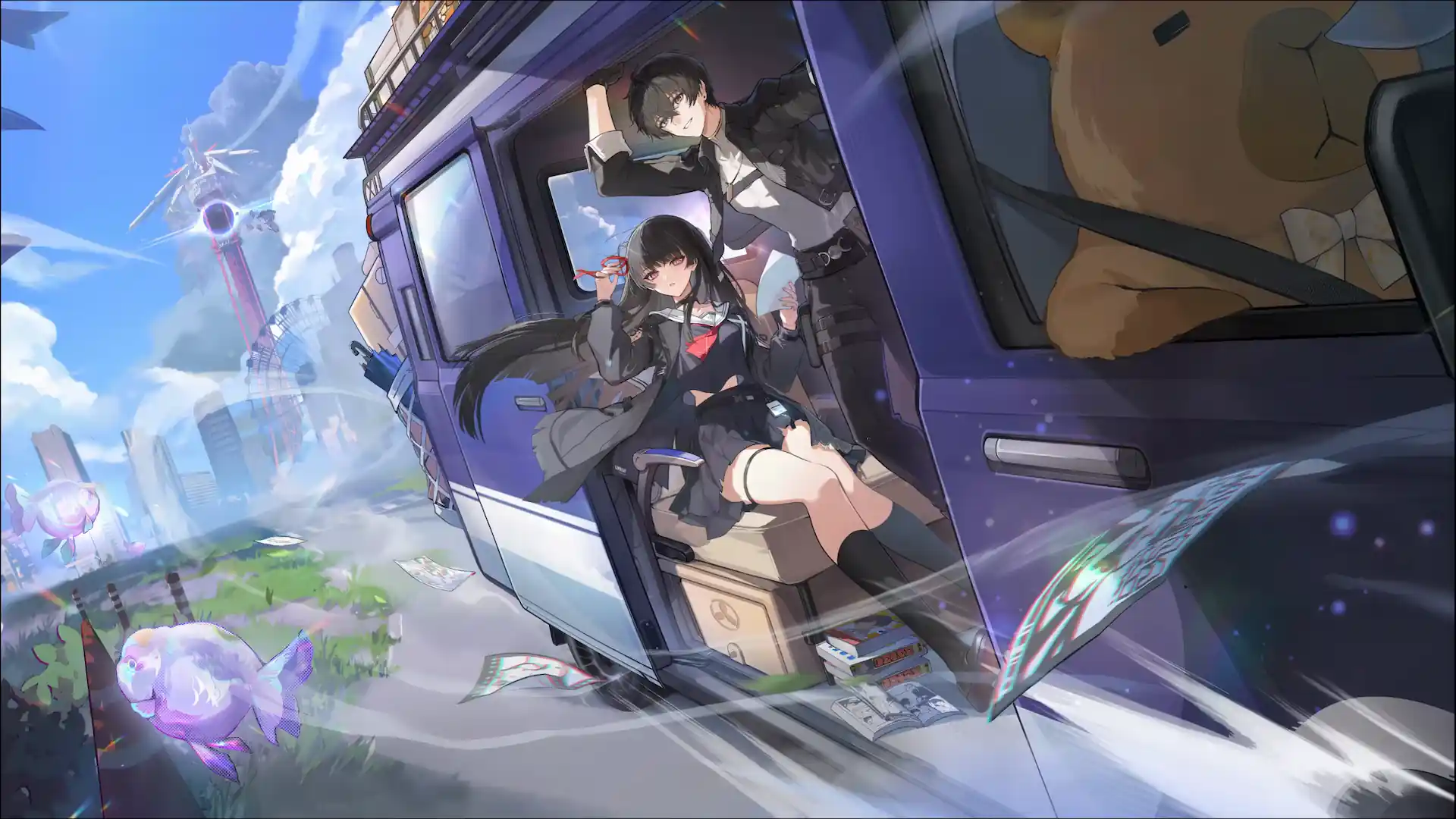 Chisa and Male Rover from Wuthering Waves riding together in a futuristic flying van live wallpaper.