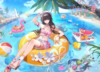 Chisa Peach Parfait Wuthering Waves Live Wallpaper 3 Chisa Peach Parfait from Wuthering Waves relaxing on a tropical swim ring in a colorful island pool live wallpaper.