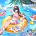 Chisa Peach Parfait Wuthering Waves Live Wallpaper 10 Chisa Peach Parfait from Wuthering Waves relaxing on a tropical swim ring in a colorful island pool live wallpaper.