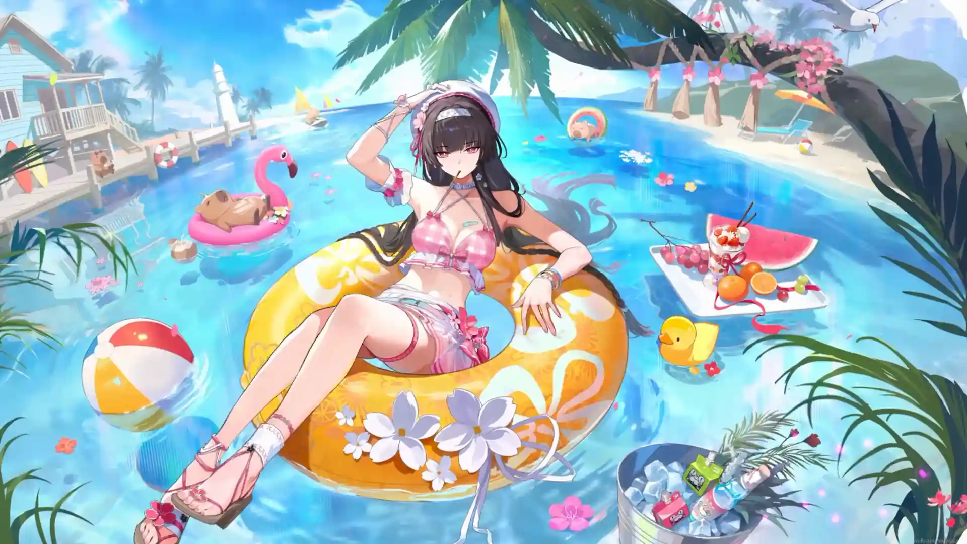 Chisa Peach Parfait from Wuthering Waves relaxing on a tropical swim ring in a colorful island pool live wallpaper.