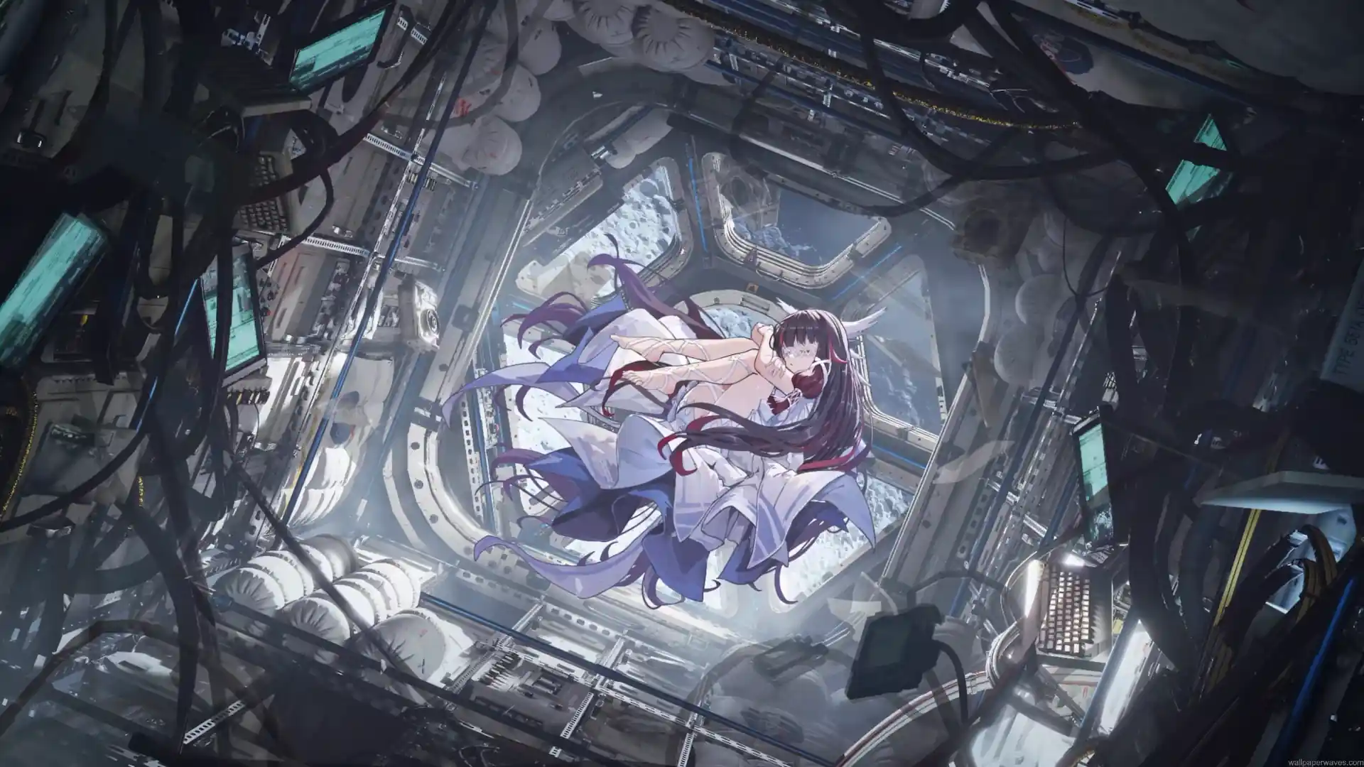 Columbina from Genshin Impact floating in zero gravity inside a futuristic space station live wallpaper.