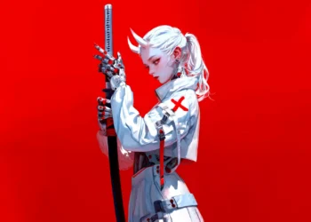 Cyber Samurai Girl Red Background Live Wallpaper 2 White-haired cyber samurai girl with mechanical hands holding a katana against a vivid red background live wallpaper.