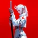 White-haired cyber samurai girl with mechanical hands holding a katana against a vivid red background live wallpaper.