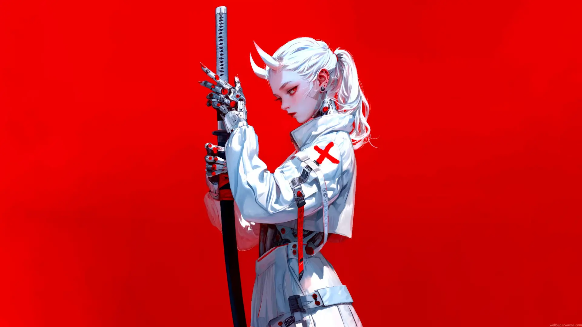 White-haired cyber samurai girl with mechanical hands holding a katana against a vivid red background live wallpaper.