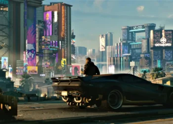 Cyberpunk 2077 Night City Car Live Wallpaper 1 Cyberpunk 2077 black sports car overlooking the futuristic skyscrapers and colorful billboards of Night City live wallpaper.