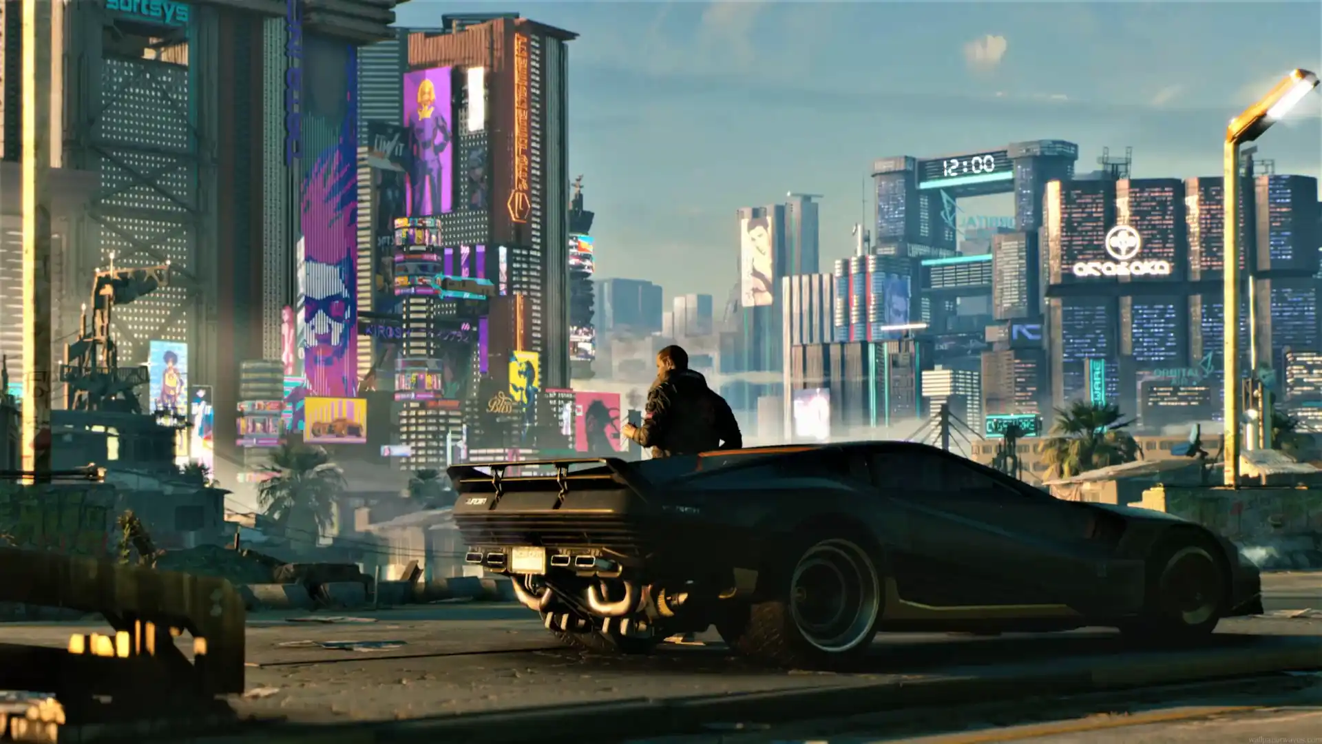 Cyberpunk 2077 black sports car overlooking the futuristic skyscrapers and colorful billboards of Night City live wallpaper.