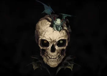 Dark skull with glowing eyes and a small sinister dragon perched on top against a black background live wallpaper.