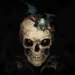 Dark Skull and Dragon Live Wallpaper 10 Dark skull with glowing eyes and a small sinister dragon perched on top against a black background live wallpaper.