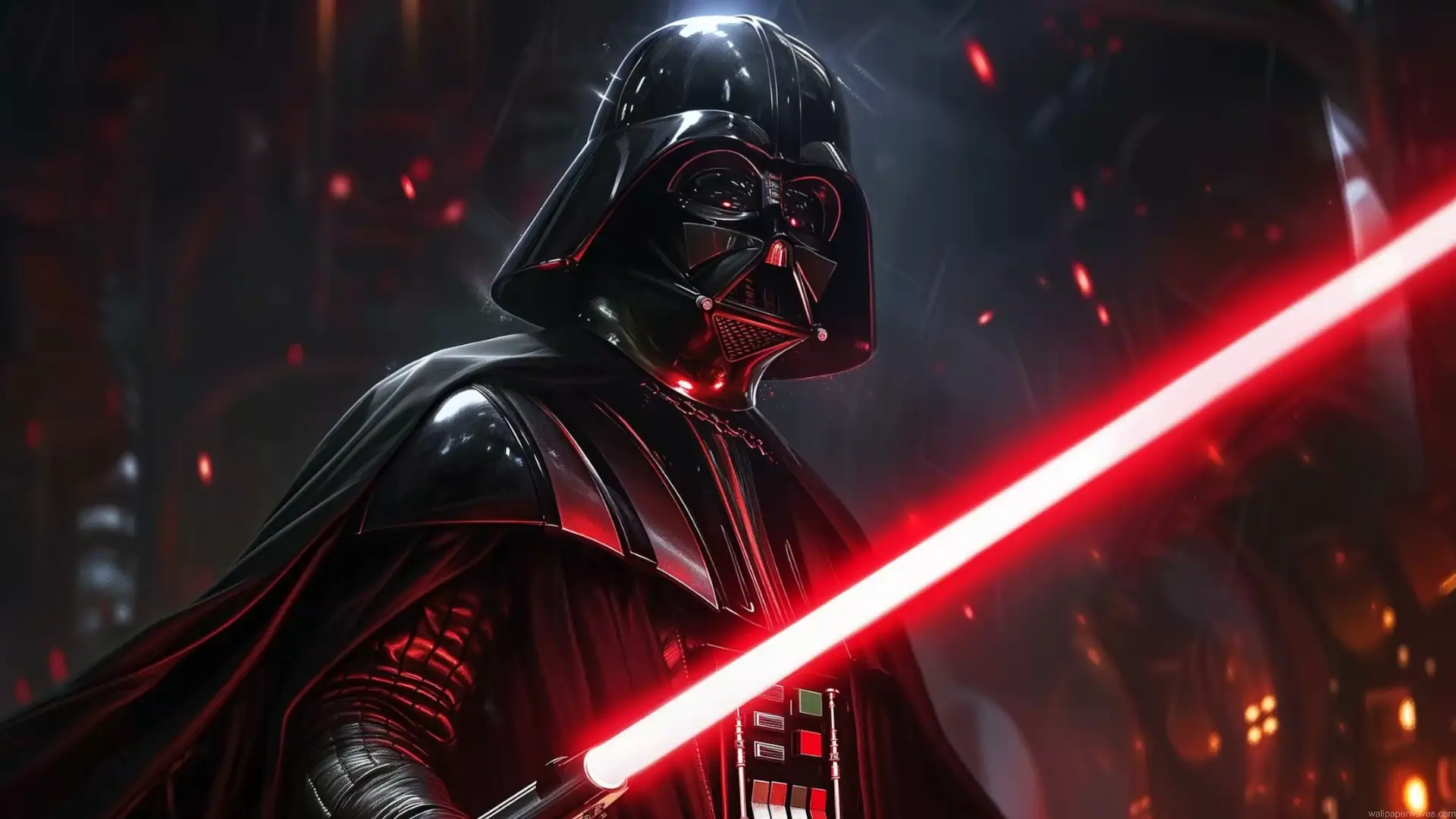 Darth Vader holding a glowing red lightsaber with cinematic red lighting and sparks Star Wars live wallpaper.