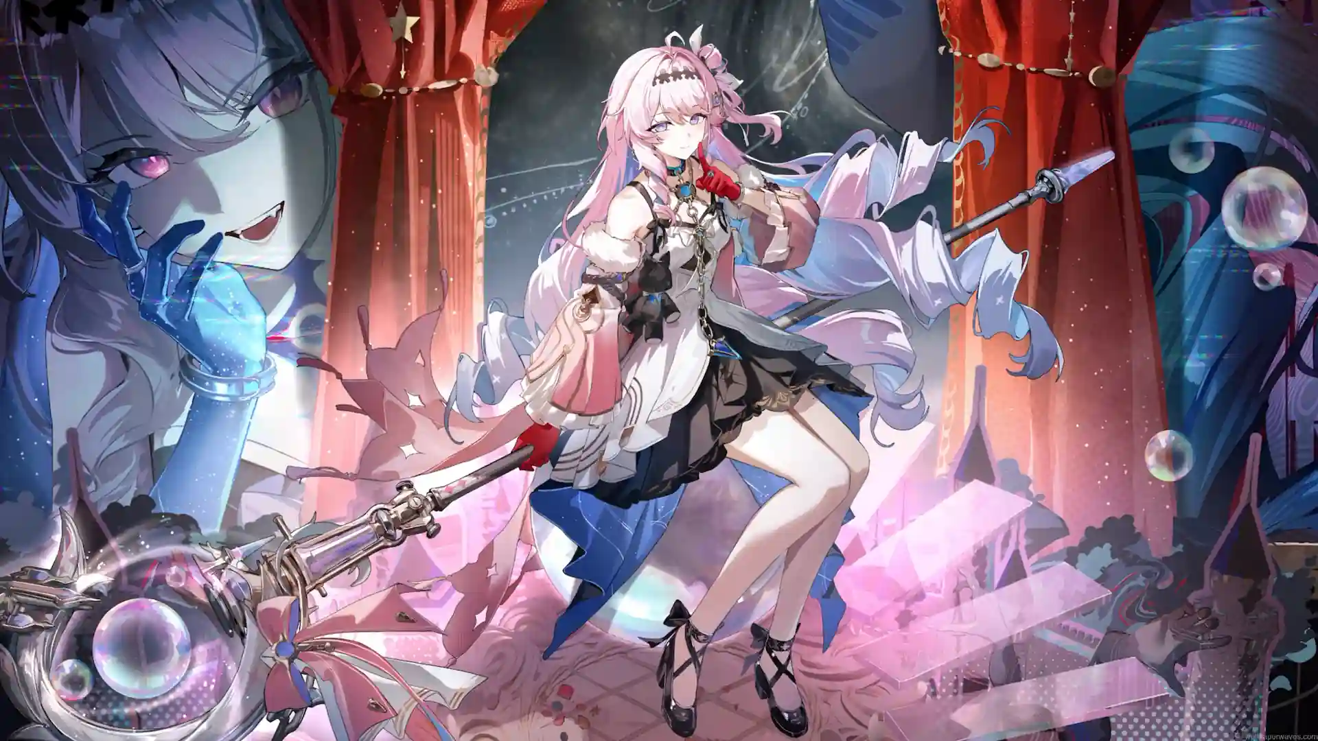 Denia from Wuthering Waves with pink hair and elegant fantasy outfit as a Fusion Resonator live wallpaper.