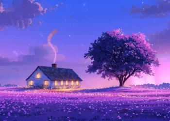 Dreamy Cottage Under Purple Sky Live Wallpaper 2 Dreamy cottage beside a flowering tree and purple field under a beautiful starry twilight sky live wallpaper.