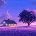 Dreamy Cottage Under Purple Sky Live Wallpaper 10 Dreamy cottage beside a flowering tree and purple field under a beautiful starry twilight sky live wallpaper.